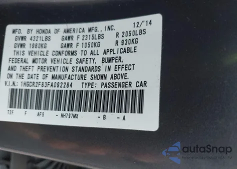 2015 Honda Accord Ex-L z USA, uszkodzony, nr VIN 1HGCR2F83FA092284